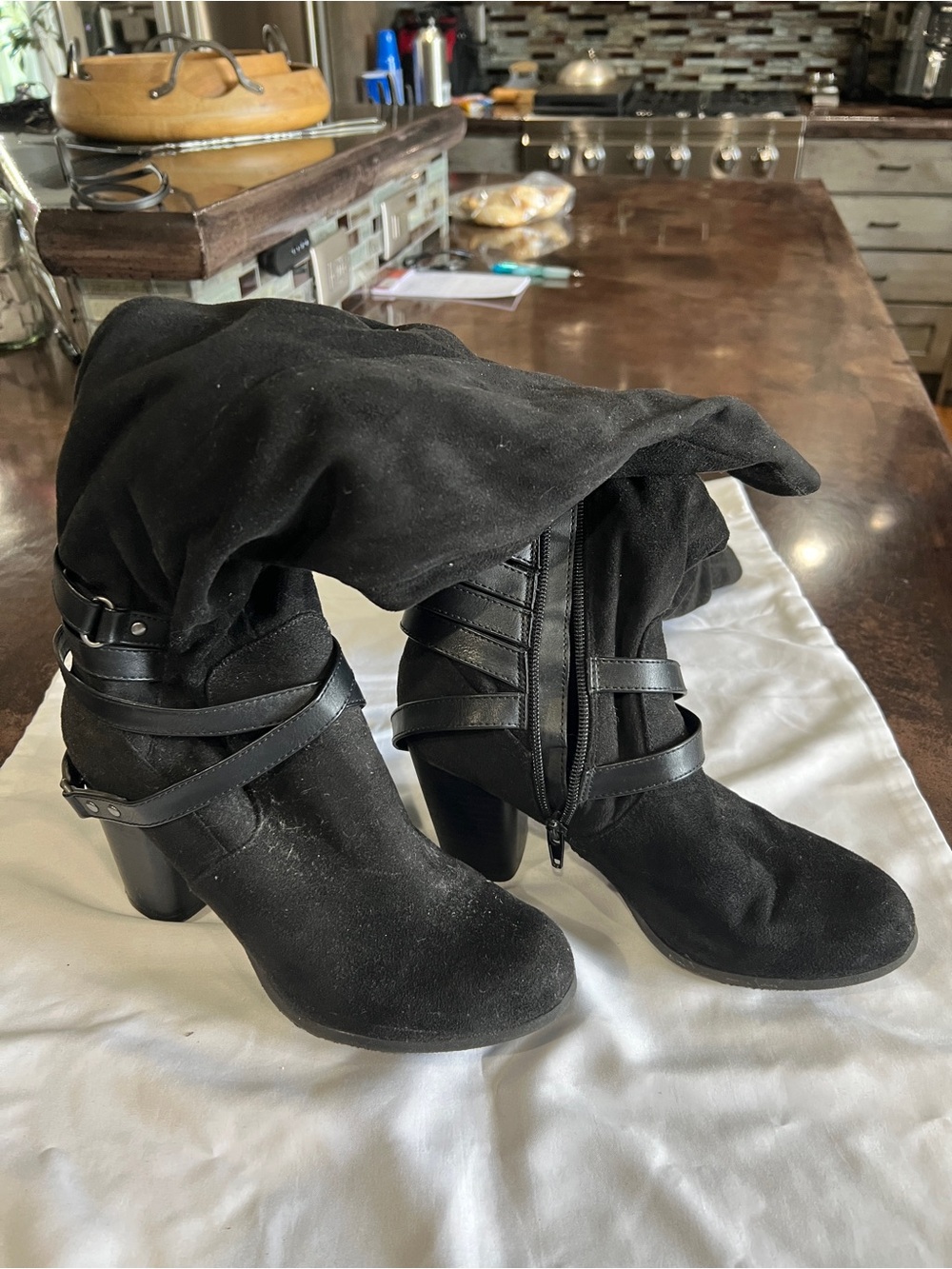 Madden Girl Black Slouch Mid-Calf Heeled Boots with Wrap Straps